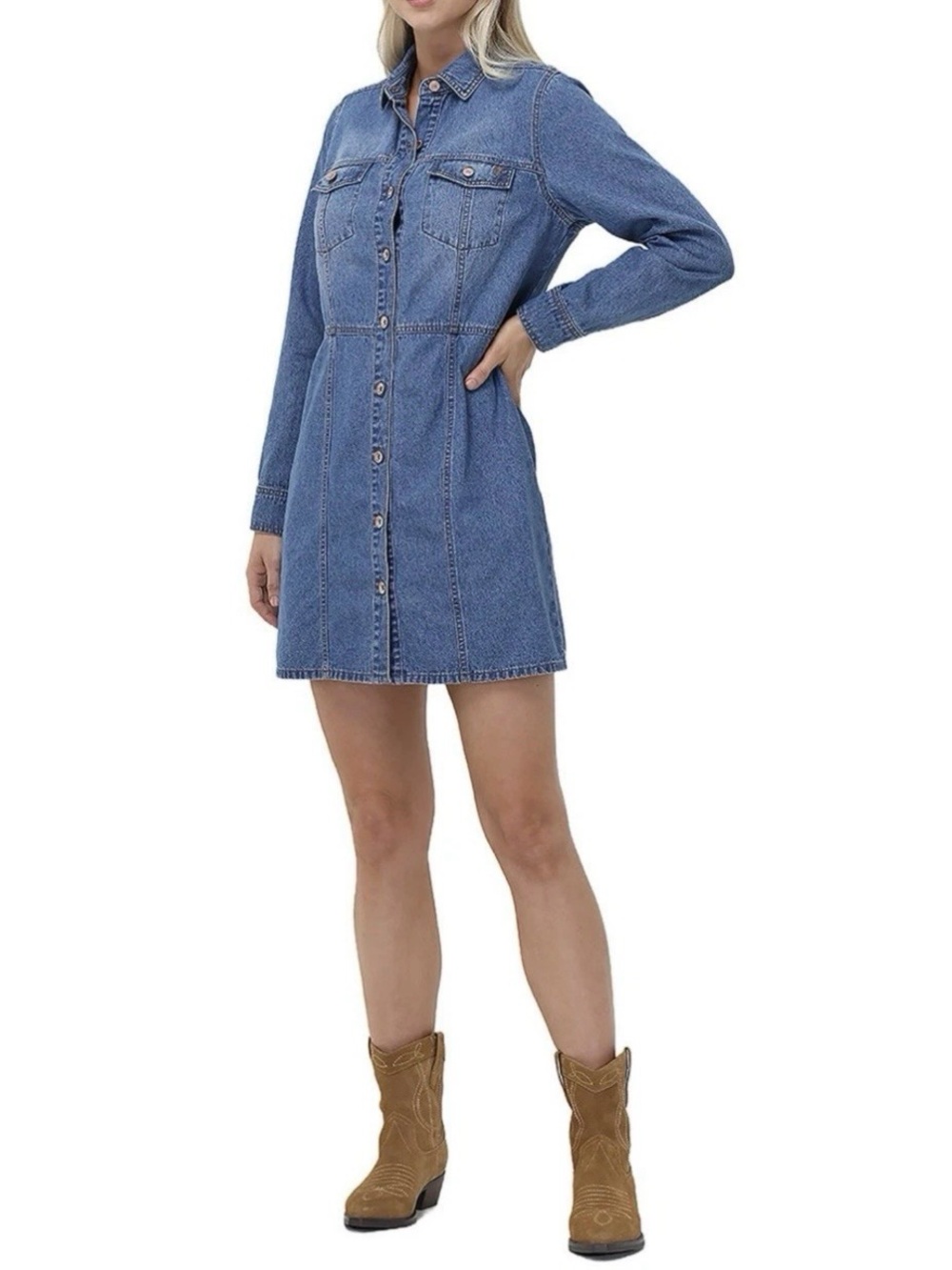 Frye Blue Denim Button Down Long Sleeve Jean Dress Country Western Fall Cowgirl